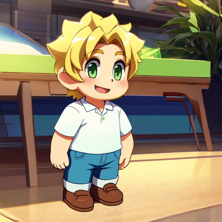 anime model of a blonde boy, With bright green eyes, dressed in a white shirt and blue jeans, Brown shoes, a beautiful and bright smile, a face as cute as that of a god and beautiful