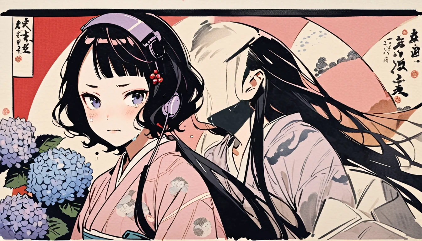 Highest quality, Katsushika Hokusai, Ink Painting, (((very straight longhair))), (((hydrangea))), (((Pale pink yukata))), headphone, beautiful girl, Black Hair, Delicate and precise, Modern ukiyo-e style, Crying face