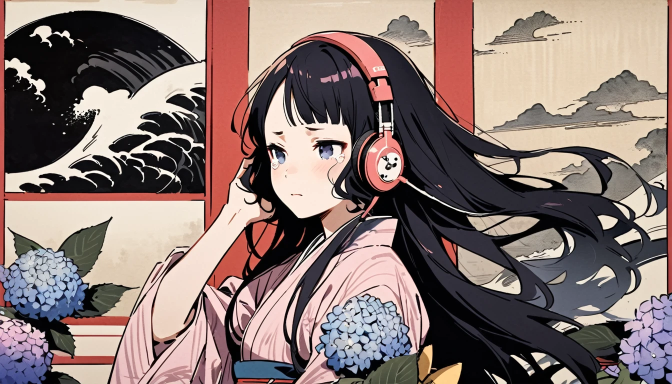 Highest quality, Katsushika Hokusai, Ink Painting, (((very straight longhair))), (((hydrangea))), (((Pale pink yukata))), headphone, beautiful girl, Black Hair, Delicate and precise, Modern ukiyo-e style, Crying face