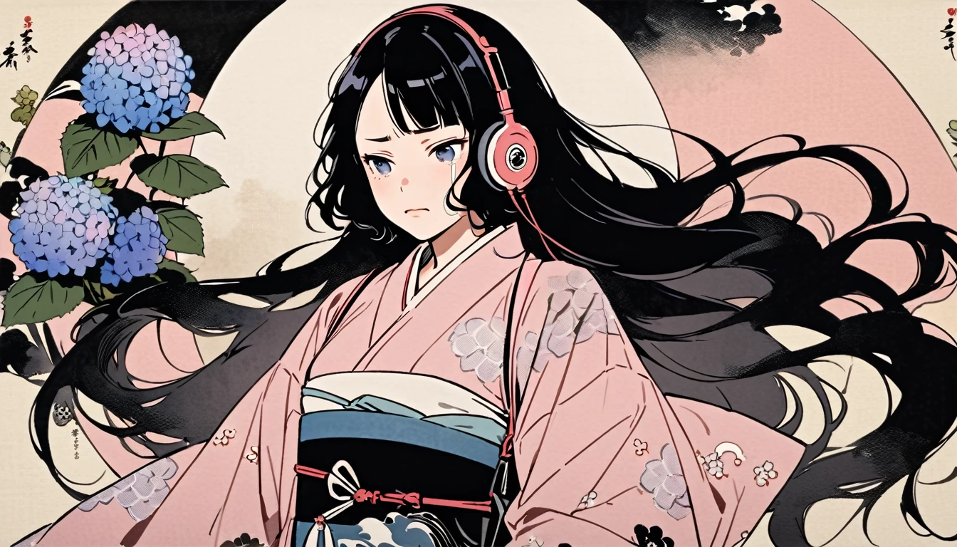 Highest quality, Katsushika Hokusai, Ink Painting, (((very straight longhair))), (((hydrangea))), (((Pale pink yukata))), headphone, beautiful girl, Black Hair, Delicate and precise, Modern ukiyo-e style, Crying face