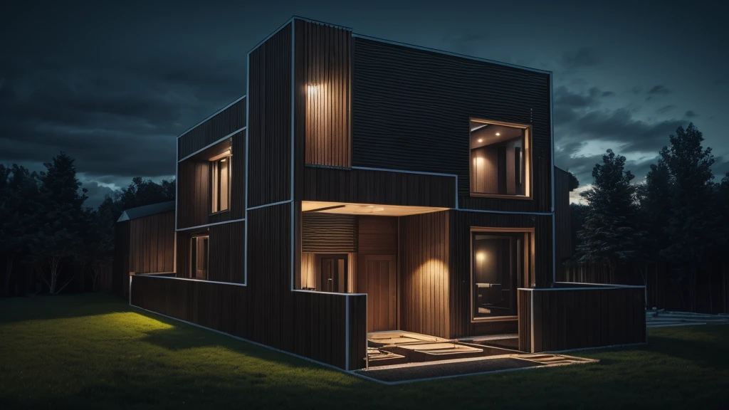 photorealistic, modern house,facade,modern,512k,high detailed, photoreal, award winning, large glass window on the right side, wooden planks stacks on the upper floor on the left side, grass, plants, trees, evening, interior lights,((redbrick stone façade))
award winning, extremely detailed,