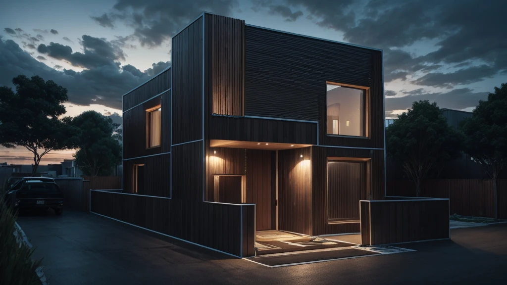 photorealistic, modern house,facade,modern,512k,high detailed, photoreal, award winning, large glass window on the right side, wooden planks stacks on the upper floor on the left side, grass, plants, trees, evening, interior lights,((redbrick stone façade))
award winning, extremely detailed,