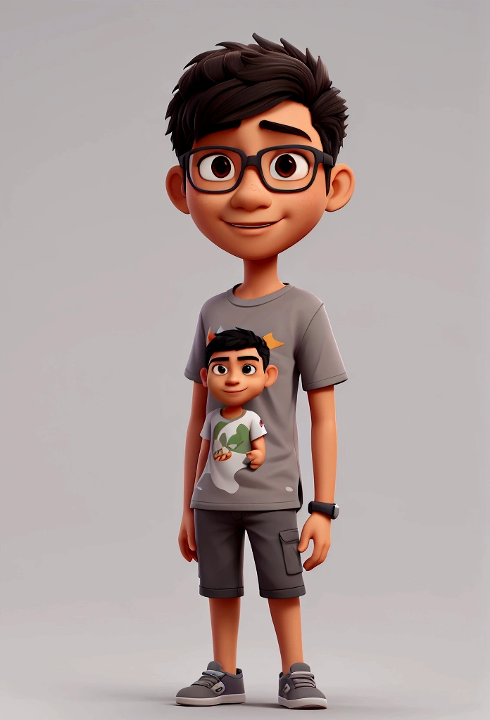 a young indonesia man, wear tshirt, 3d, short hair, portrait. grey background, 3d cartoon, caricature