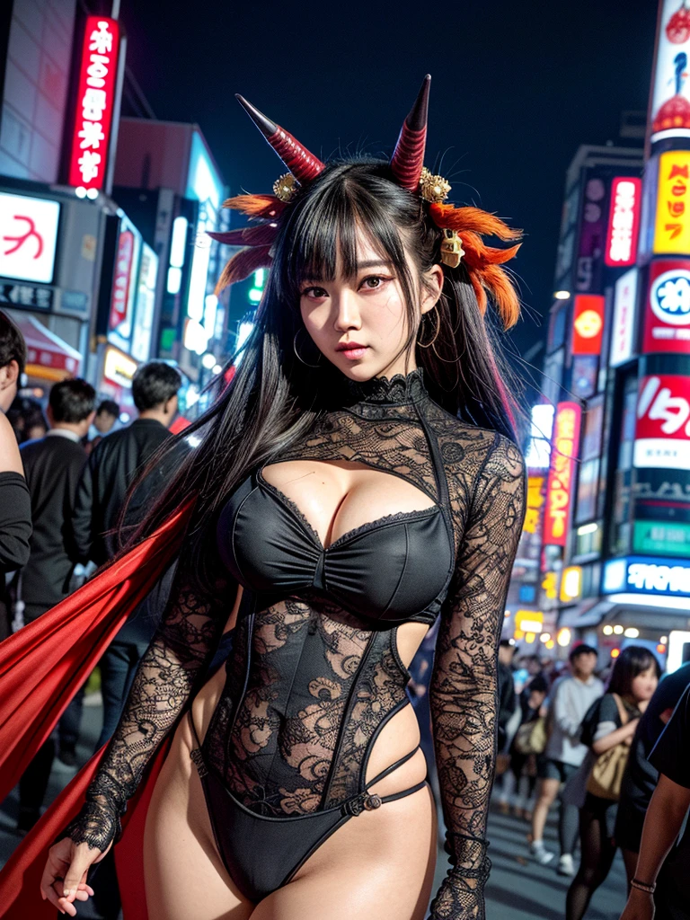 (masterpiece, cinematic photograph capturing the bustling streets of Shibuya, Japan, adorned with a procession of "oni" - traditional Japanese demons, parading through the night under the gaze of the intrigued crowd:1.3), (meticulously composed to convey the dynamic energy of the scene and the mystique of the "oni" creatures:1.2), (the intricate details of the "oni" costumes and the expressions of the people in the crowd adding depth to the visual narrative:1.1), (meticulous attention given to the neon-lit surroundings and the vivid contrast between the "oni" and the modern cityscape:1.1), (the chosen camera, a Canon EOS 5D Mark IV, renowned for its low-light performance, effectively capturing the vibrant atmosphere of the scene:1.1), (paired with a Canon EF 24-70mm f/2.8L II USM lens, allowing for versatility and sharpness in the wide-angle composition:1.1), (a portrayal that evokes a sense of enchantment and cultural fusion in the heart of a bustling city:1.1), (an image that invites viewers to immerse themselves in the urban fantasy and explore the intersection of tradition and modernity:1.1), (an artwork that encapsulates the vibrant nightlife of Shibuya and the captivating allure of the "oni" parade:1.1), (an invitation to witness a unique blend of myth and reality, captured in a cinematic frame:1.1), (a photographic journey that transports the audience to the lively streets of Tokyo's most iconic district:1.1)), Cinematic, Hyper-detailed, insane details, Beautifully color graded, Unreal Engine, DOF, Super-Resolution, Megapixel, Cinematic Lightning, Anti-Aliasing, FKAA, TXAA, RTX, SSAO, Post Processing, Post Production, Tone Mapping, CGI, VFX, SFX, Insanely detailed and intricate, Hyper maximalist, Hyper realistic, Volumetric, Photorealistic, ultra photoreal, ultra-detailed, intricate details, Super detailed, Full color, Volumetric lightning, HDR, Realistic, Unreal Engine, 16K, Sharp focus, Octane render