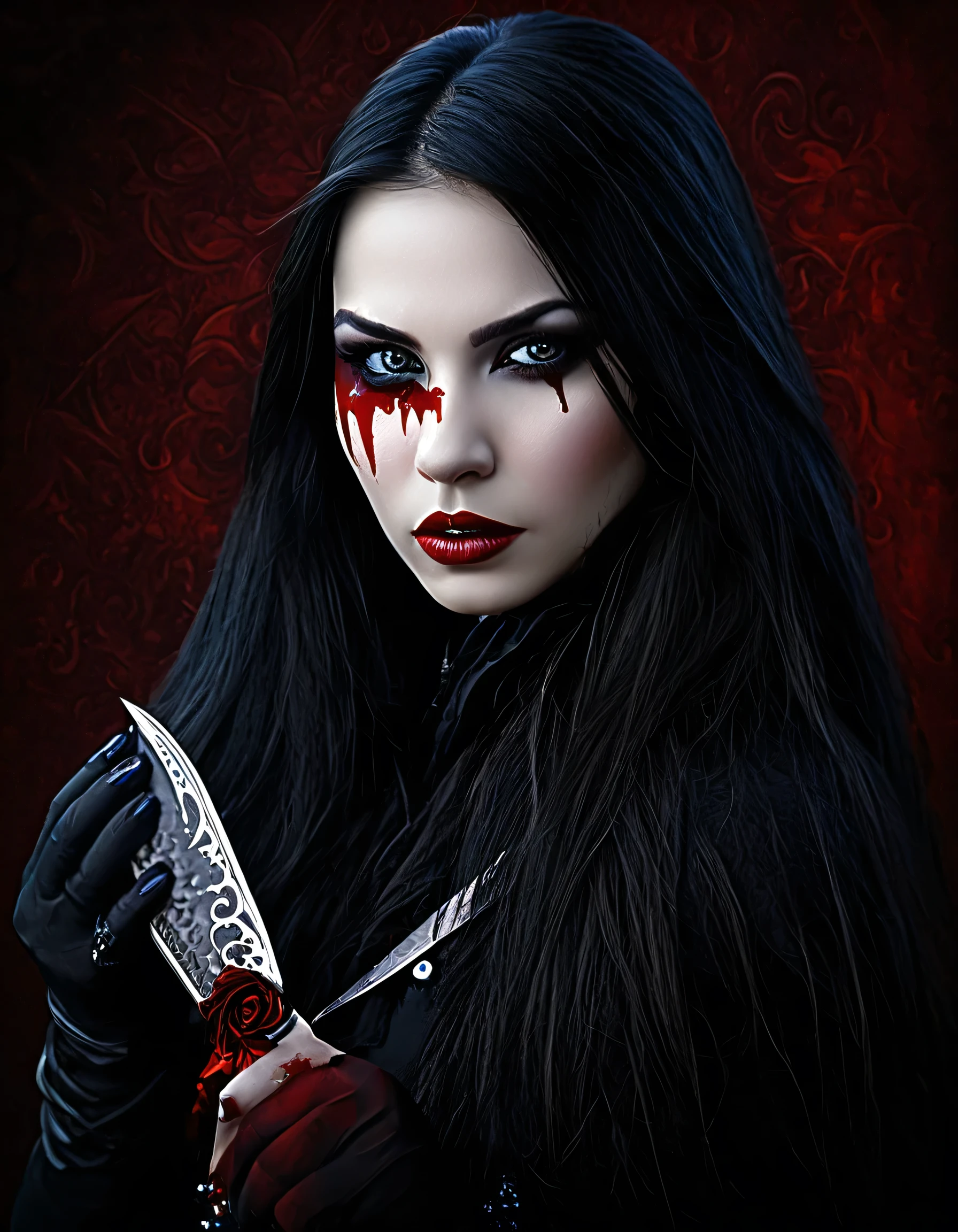 a woman with blood on her face, holding a knife in her hand, vampire girl, dark fantasy horror art, fantasy horror art, horror fantasy art, female vampire, beautiful vampire queen, dark fantasy art, woman vampire, bloody knife, vampires fantasy, female vampire warrior, vampire queen, lori earley, gothic fantasy art, gothic art, dark fantasy style art, best quality, 4k, 8k, highres, masterpiece:1.2, ultra-detailed, realistic, photorealistic, photo-realistic:1.37, HDR, UHD, studio lighting, ultra-fine painting, sharp focus, physically-based rendering, extreme detail description, professional, vivid colors, bokeh