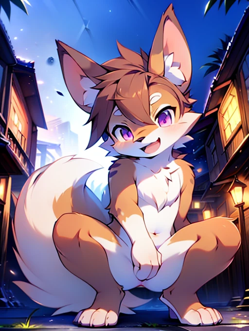 , , cute, (alone), (((Has brown and white fur))), Big purple eyes, Blushing, smile, Open your mouth, Sticking out tongue，tooth、Canine，walking, night, Ancient Asian cities, bright street lights, Blue and black slate road, Empty Streets, Starry Sky, Shadow, Detailed facial depiction, ((Accurate hand drawing)), レンブラントの光とShadow, Ultra-fine，high resolution，Completely naked，Naked，Naked，Full nudity，Nude，Barely，Fully visible，Spread your legs and point your crotch，Embarrassing，Embarrassed look，On all fours，Put your hands and feet on the ground，Sit like a dog，quadruped，Accurate hand and foot count，shame，A furry in heat，first round，Fantasy，Anime-style depiction，Female furry，Animal pussy，Young，Young子どものケモノ，Showing pussy，Showing off pussy，Suji，Female organ，crack，slit，Showing off your crotch，Not hide，