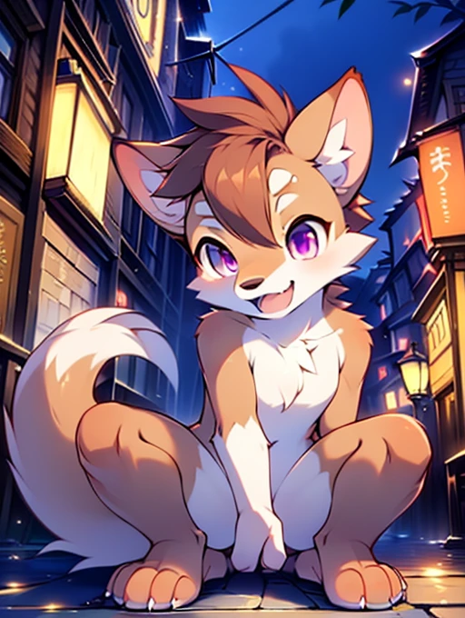 , , cute, (alone), (((Has brown and white fur))), Big purple eyes, Blushing, smile, Open your mouth, Sticking out tongue，tooth、Canine，walking, night, Ancient Asian cities, bright street lights, Blue and black slate road, Empty Streets, Starry Sky, Shadow, Detailed facial depiction, ((Accurate hand drawing)), レンブラントの光とShadow, Ultra-fine，high resolution，Completely naked，Naked，Naked，Full nudity，Nude，Barely，Fully visible，Spread your legs and point your crotch，Embarrassing，Embarrassed look，On all fours，Put your hands and feet on the ground，Sit like a dog，quadruped，Accurate hand and foot count，shame，A furry in heat，first round，Fantasy，Anime-style depiction，Female furry，Animal pussy，Young，Young子どものケモノ，Showing pussy，Showing off pussy，Suji，Female organ，crack，slit，Showing off your crotch，Not hide，