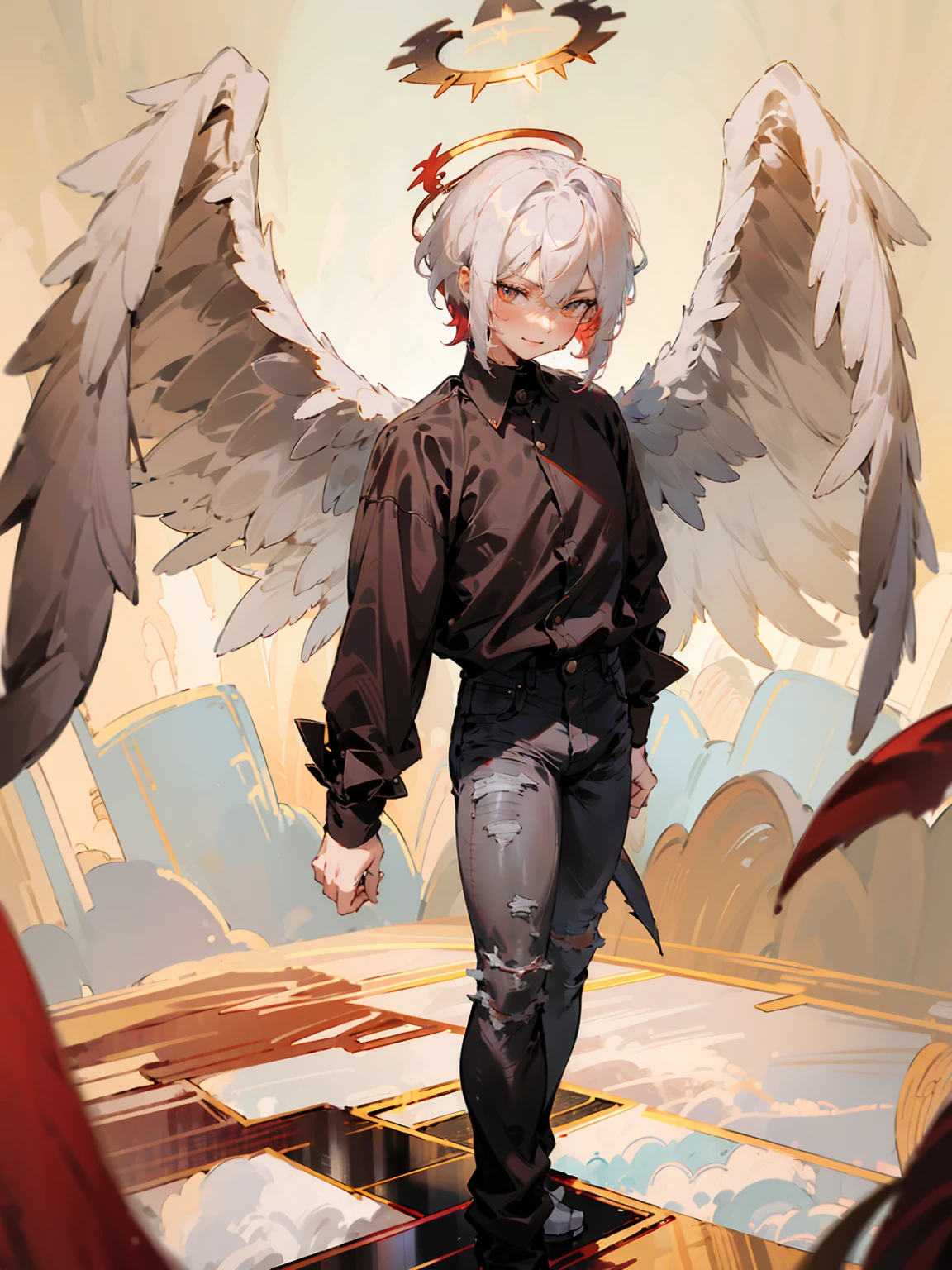 1male, Adult, Two Tone Hair, Crimson and White Hair, Short Hair, Undercut Hair, Red Angel Halo, Black Angel Wings, Golden Eyes, Smirk, Black Flannel Shirt, Black Ripped Jeans, Standing On Path