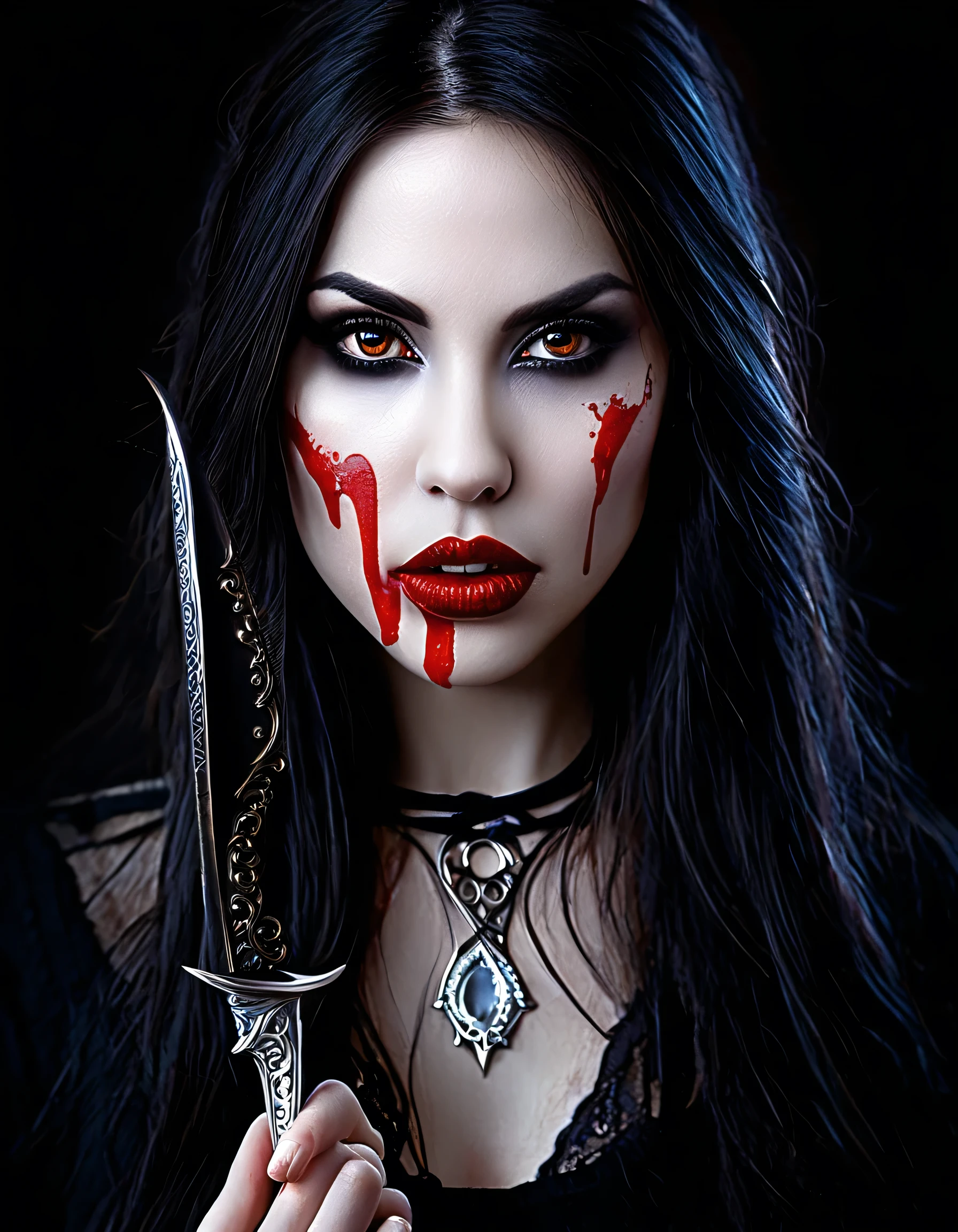 a woman with blood on her face, holding a knife in her hand, vampire girl, dark fantasy horror art, fantasy horror art, horror fantasy art, female vampire, beautiful vampire queen, dark fantasy art, woman vampire, bloody knife, vampires fantasy, female vampire warrior, vampire queen, lori earley, gothic fantasy art, gothic art, dark fantasy style art, best quality, 4k, 8k, highres, masterpiece:1.2, ultra-detailed, realistic, photorealistic, photo-realistic:1.37, HDR, UHD, studio lighting, ultra-fine painting, sharp focus, physically-based rendering, extreme detail description, professional, vivid colors, bokeh
