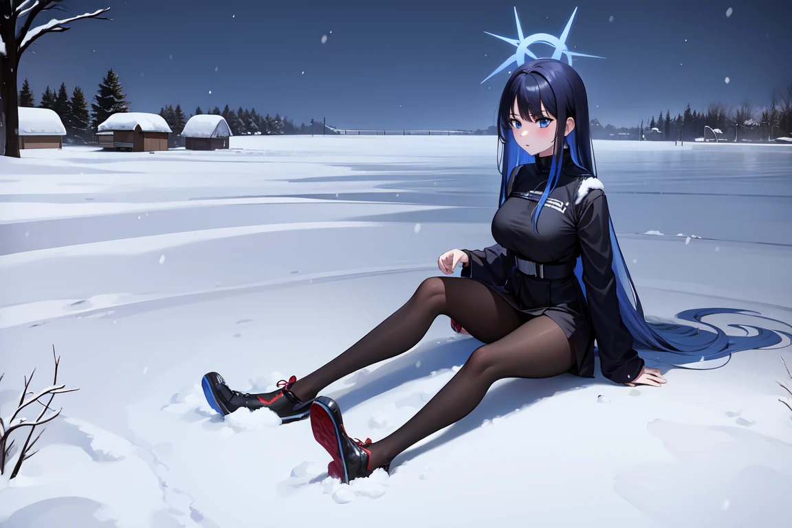 1girl,solo, saorijoumae, saori joumae, blue eyes, blue hair, halo, long hair, black clothes red parts, tall, ager, sitting on steel boxes, snowy plains, campfire, snow
