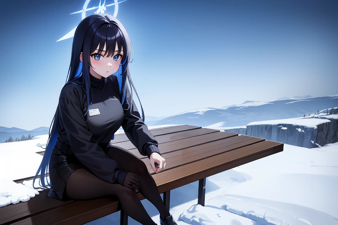 1girl,solo, saorijoumae, saori joumae, blue eyes, blue hair, halo, long hair, black clothes red parts, tall, teenager, sitting on steel boxes, snowy plains, campfire, snow