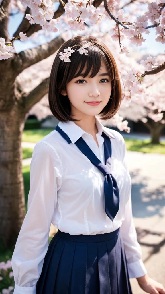 (Highest quality,masterpiece:1.3,Ultra-high resolution),(Very detailed,Caustics,8K),(Realistic:1.4,RAW shooting),1 Girl,(smile),(cherry blossomsを見上げる),18-year-old,cute,Japanese,Short black hair,(school uniform),glamorous,(big ),(Face Focus),street,cherry blossoms,Natural light,(Lens flare),Professional Writing,(Cowboy Shot),(bird's's point of view:1.2),(High position:1.4),(High Angle:1.4)