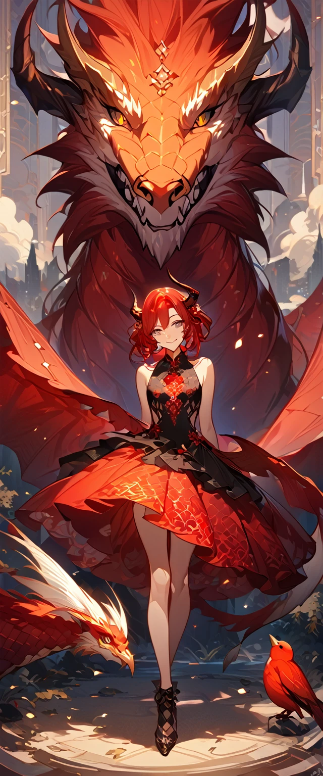 masterpiece, best quality, 8k ,4k , 1girl, teenage girl, dragon girl, red hair, gray eyes, big , slender waist, small waist, small thigh, horn, hair ornament, finely detailed eyes and detailed face, looking at viewer, Black sleeveless top, gradually transparent embroidery skirt, skirt to the knee, majestic looks, smiling gently, Lace dress, patterned clothes, red scale scattered pattern clothes, meticulous clothes, revealing clothes, mature clothes, majestic looks, smiling gently, small bird, full body, artist : ask, art style : ask