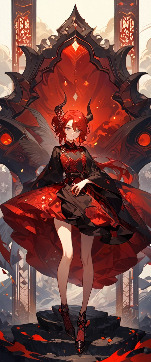 masterpiece, best quality, 8k ,4k , 1girl, teenage girl, dragon girl, red hair, gray eyes, big , slender waist, small waist, small thigh, horn, hair ornament, finely detailed eyes and detailed face, looking at viewer, Black sleeveless top, gradually transparent embroidery skirt, skirt to the knee, majestic looks, smiling gently, Lace dress, patterned clothes, red scale scattered pattern clothes, meticulous clothes, revealing clothes, mature clothes, majestic looks, smiling gently, small bird, full body, artist : ask, art style : ask