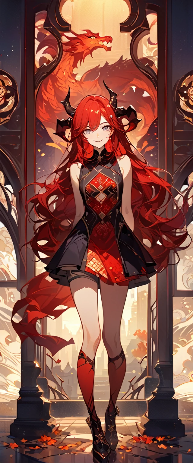 masterpiece, best quality, 8k ,4k , 1girl, teenage girl, dragon girl, red hair, gray eyes, big , slender waist, small waist, small thigh, horn, hair ornament, finely detailed eyes and detailed face, looking at viewer, Black sleeveless top, gradually transparent embroidery skirt, skirt to the knee, majestic looks, smiling gently, Lace dress, patterned clothes, red scale scattered pattern clothes, meticulous clothes, revealing clothes, mature clothes, majestic looks, smiling gently, small bird, full body, artist : ask, art style : ask