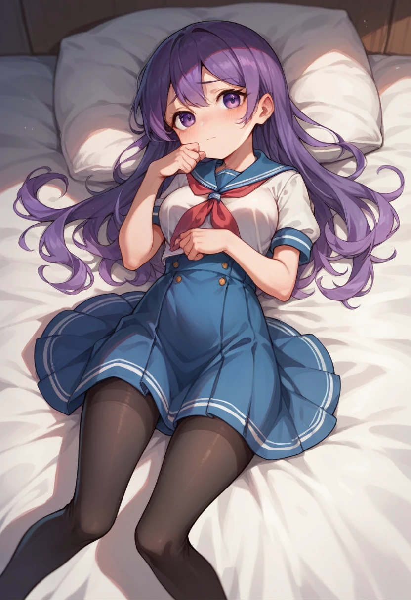 black leggings,loli,sailor,dress,cute,lying,,purple hair,long hair,,shy,medium breasts