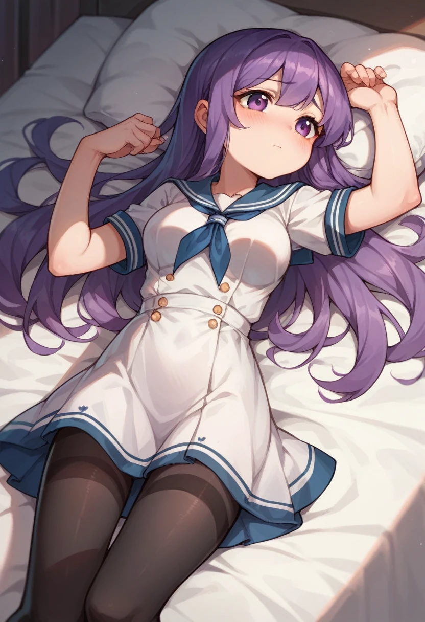 black leggings,,sailor,dress,cute,lying,,purple hair,long hair,,shy,medium breasts