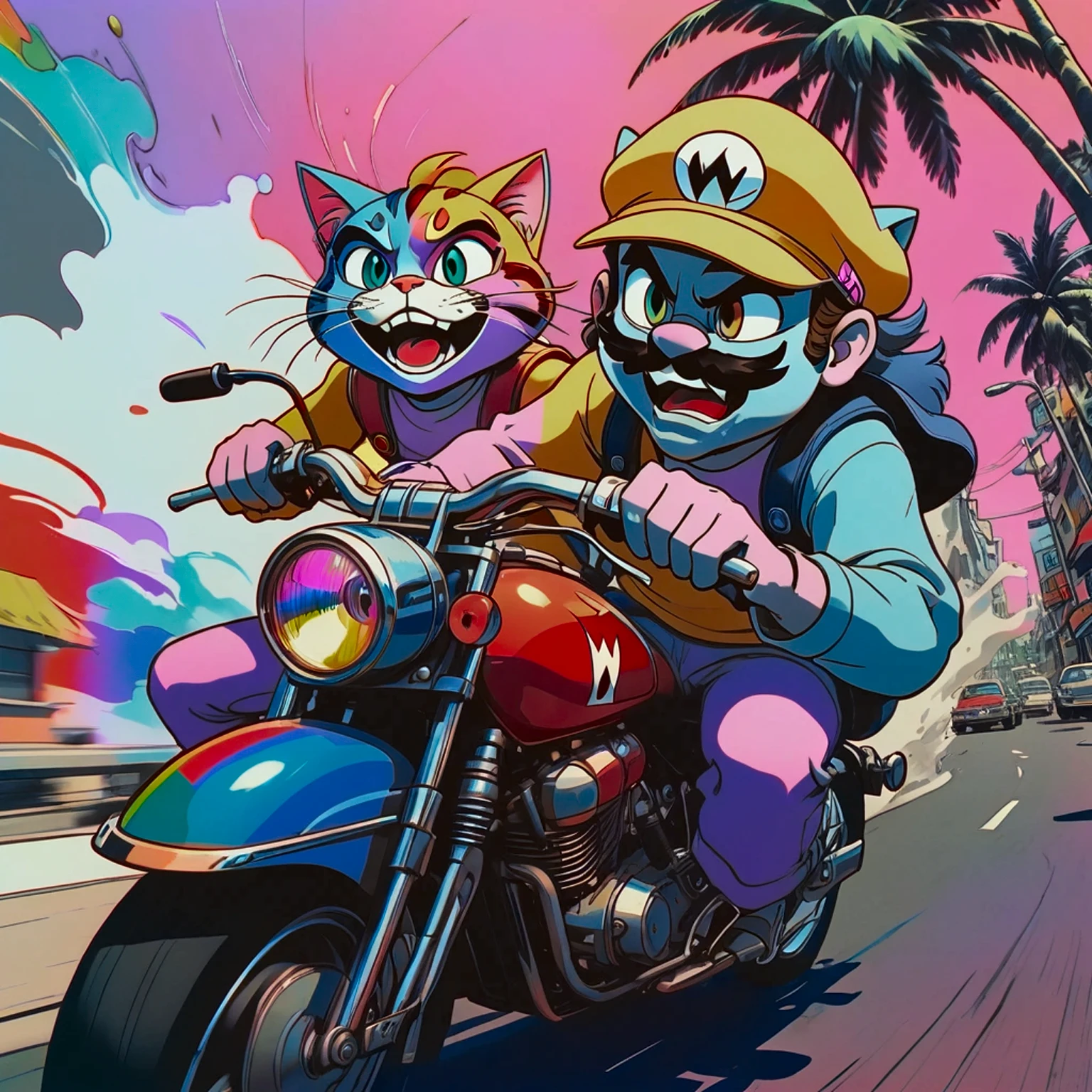 duo top cat and wario riding motorcycles, comic cinematic poster, image within image, multiple exposure, massive scale, rich color grading for shading depth, hand drawn rotoscope cartoon realism, chiaroscuro lighting, mixed media, vintage comic, retro original design, 1990's comic set in 1960's, sense of movement and energy, tropical rot, rewilding, (full roygbiv color) ink, VHS, glitch, distorted, nostalgia, 90's retro vibes, analog tape, vcr aesthetics, tv, television, hand drawn, (full roygbiv color) ink charcoal expressive illustration, no light source, darkness, light mask uv rays across face, splash page