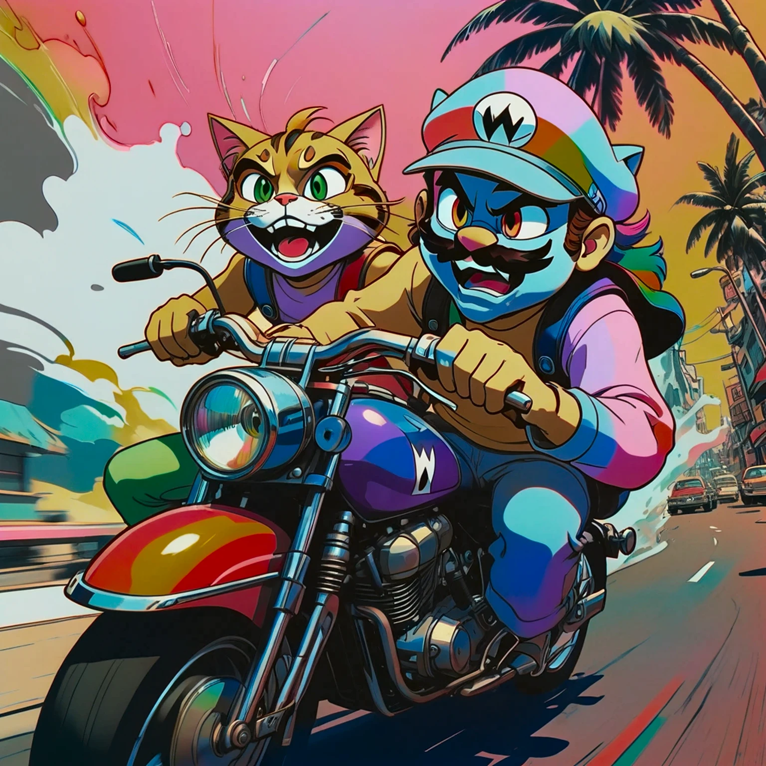 duo top cat and wario riding motorcycles, comic cinematic poster, image within image, multiple exposure, massive scale, rich color grading for shading depth, hand drawn rotoscope cartoon realism, chiaroscuro lighting, mixed media, vintage comic, retro original design, 1990's comic set in 1960's, sense of movement and energy, tropical rot, rewilding, (full roygbiv color) ink, VHS, glitch, distorted, nostalgia, 90's retro vibes, analog tape, vcr aesthetics, tv, television, hand drawn, (full roygbiv color) ink charcoal expressive illustration, no light source, darkness, light mask uv rays across face, splash page