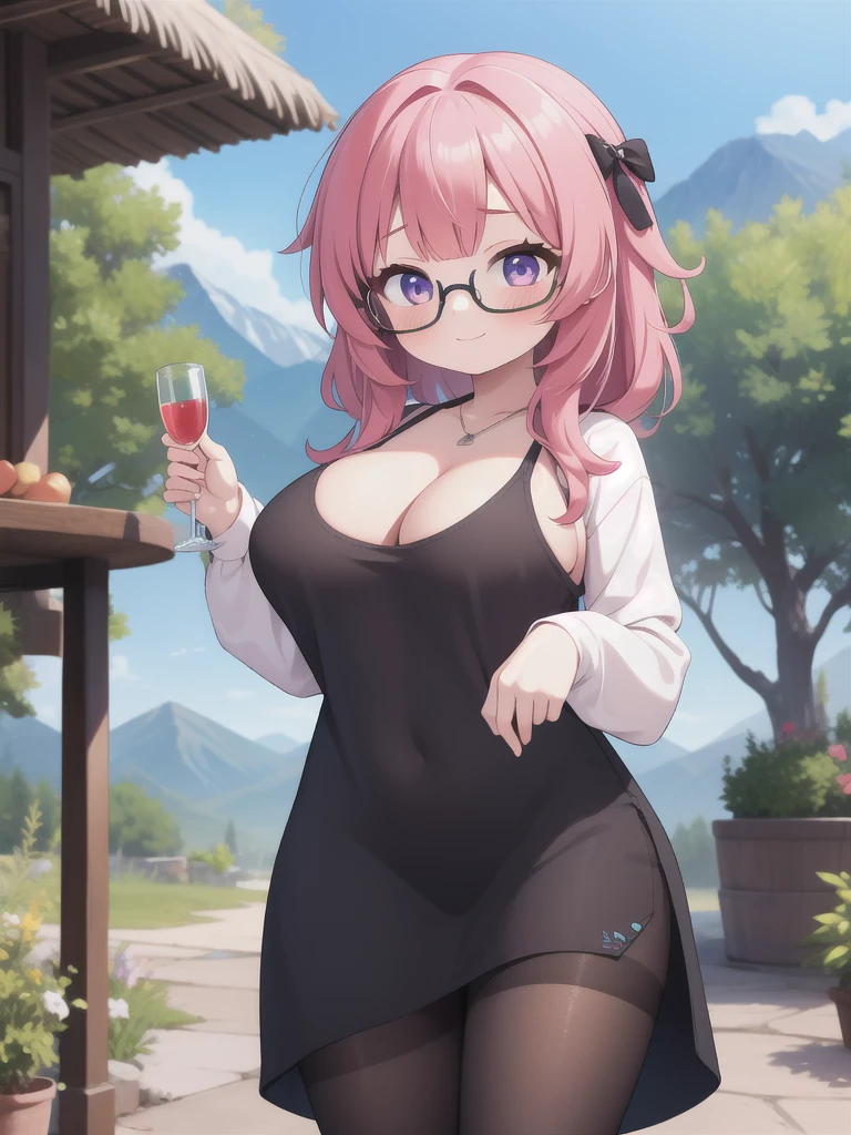 master-piece, bestquality, 1girls,, View viewers from front, HD, slight smile, big tits, cleavage, tights cloth, , tiny body, lied, outdoor, mountain, wear glasses, under tits cleavage, look down,