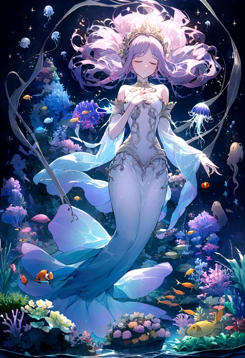 oil,Ocean,carefully,magic,Mysterious,(Ocean藻に抱かれた古代都市遺跡),Aquatic plants beautiful coral reef,Colorful fish swimming,Clear visibility,Ethereal atmosphere,Marble mermaid statue、Whispering Shell、Luminous jellyfish、Ancient symbols and words、惊人的美丽和古老的magic,Uncover the mysteries of the underwater world