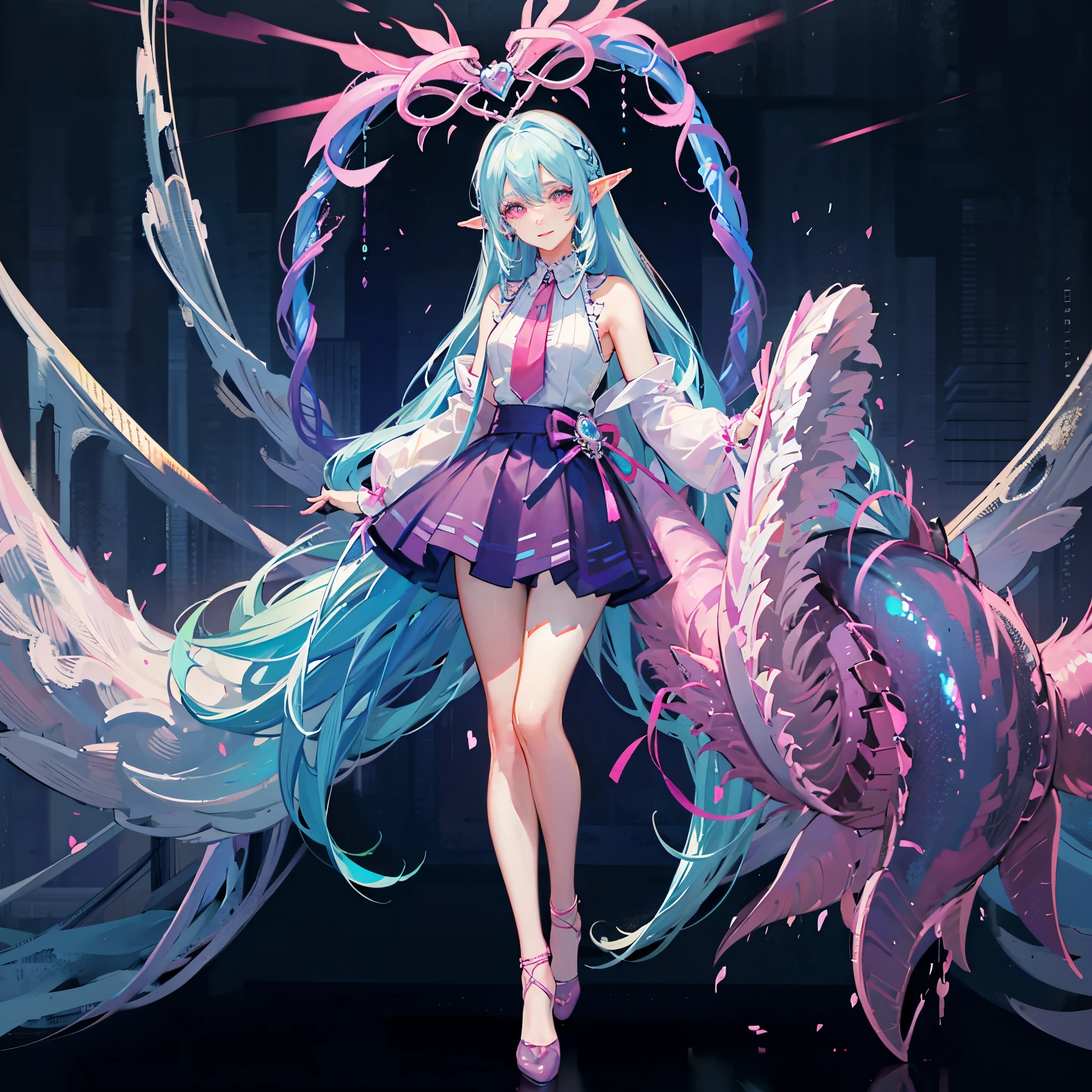 Elf ears. Smile. Full body. 30 years old. Full shot. Pastel colors. Pink eyes. Big pink eyes. Absurdly long cyan iridescent hair. Red lips. Amazing intricate finely detaile. Light pink and cyan cossak. Sleeveless top. Fairycore. Standing. Happy pose. Beautiful and fashion Make-up. Simple background. Defined lips. Blushing. Lovely. Korean manwha style.