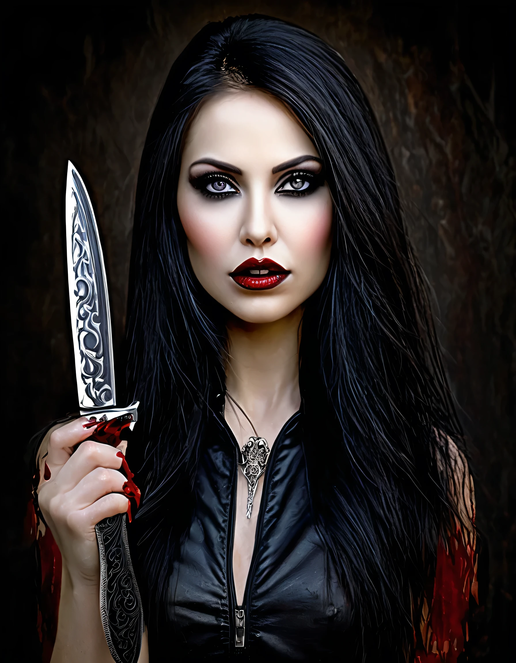 a woman with blood on her face, holding a knife in her hand, vampire girl, dark fantasy horror art, fantasy horror art, horror fantasy art, female vampire, beautiful vampire queen, dark fantasy art, woman vampire, bloody knife, vampires fantasy, female vampire warrior, vampire queen, lori earley, gothic fantasy art, gothic art, dark fantasy style art, best quality, 4k, 8k, highres, masterpiece:1.2, ultra-detailed, realistic, photorealistic, photo-realistic:1.37, HDR, UHD, studio lighting, ultra-fine painting, sharp focus, physically-based rendering, extreme detail description, professional, vivid colors, bokeh