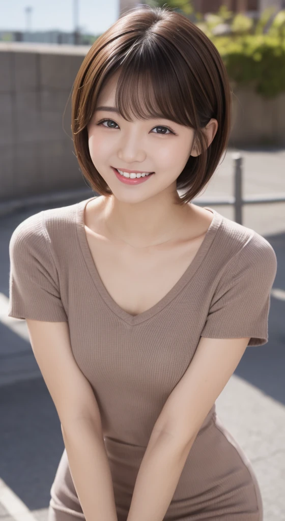 young,short hair,droopy eyes,brown hair,short bangs,alone,high quality,beautiful skin,japanese,brown short sleeve dress,park,smile