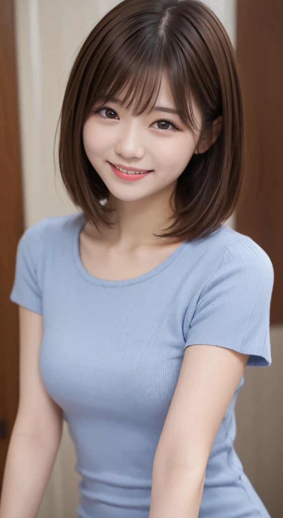 young,short hair,droopy eyes,brown hair,short bangs,alone,high quality,beautiful skin,japanese,brown short sleeve dress,park,smile