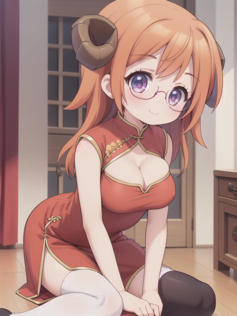 master-piece, bestquality, 1girls,, View viewers from the up, sit down, leaning forward, horny, HD, slight smile, big tits, cleavage, short orange hair, tights cloth, chinese dress, heart shape pupille, horns, tiny body, wear glasses,