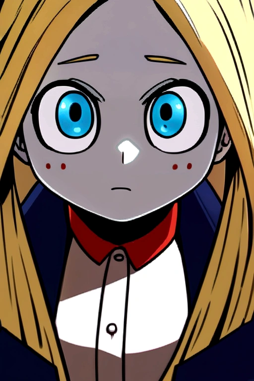 Blonde girl with wavy, thigh-length hair, blue eyes, White skin, round face, large eyes, Boku no Hero, my hero academia, UA uniform,