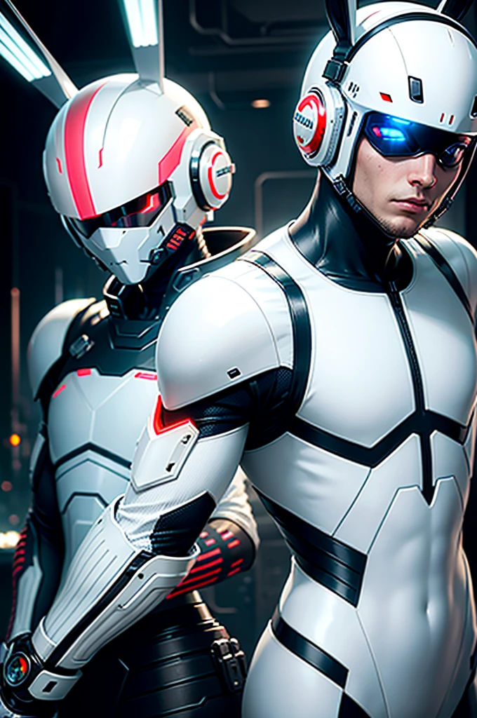 Realistic white combat android in advanced cyber suit with cyberpunk technological helmet and visor with metal rabbit ears