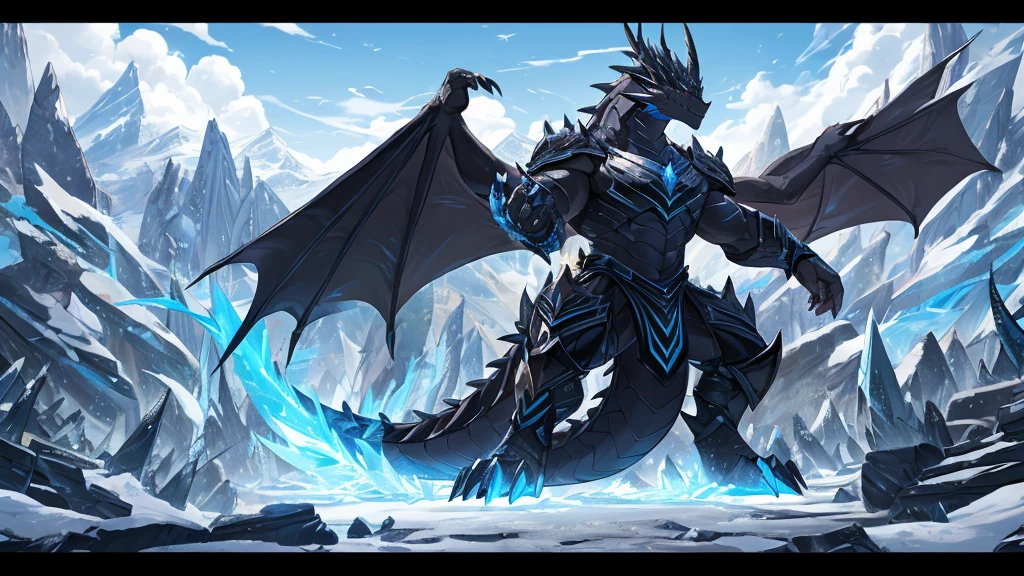 (The tyrannical and powerful Black Dragon King,Modern black and gold armor:2),(Large dragon body,Huge size,Majestic wingspan,Sharp thorns,Huge dragon claw,Huge paws,Thick dragon tail,The huge black dragon king,Black dragon:2),Strong physique,(Blue ice flame:2),Brutal Behemoth,war,glacier,Ice Dragon,Overwhelming presence,Full body picture,Very detailed,4k HD,HD Wallpapers