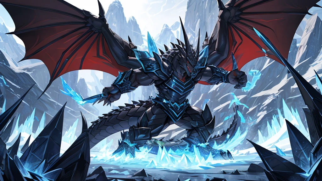 (The tyrannical and powerful Black Dragon King，Modern black and gold armor：2)，(Large dragon body，Huge size，Majestic wingspan，Sharp thorns，Huge dragon claw，Huge paws，Thick dragon tail，The huge black dragon king，Black dragon：2)，Strong physique，(Blue ice flame：2)，Brutal Behemoth，war，glacier，Ice Dragon，Overwhelming presence，Full body picture，Very detailed，4k HD，HD Wallpapers