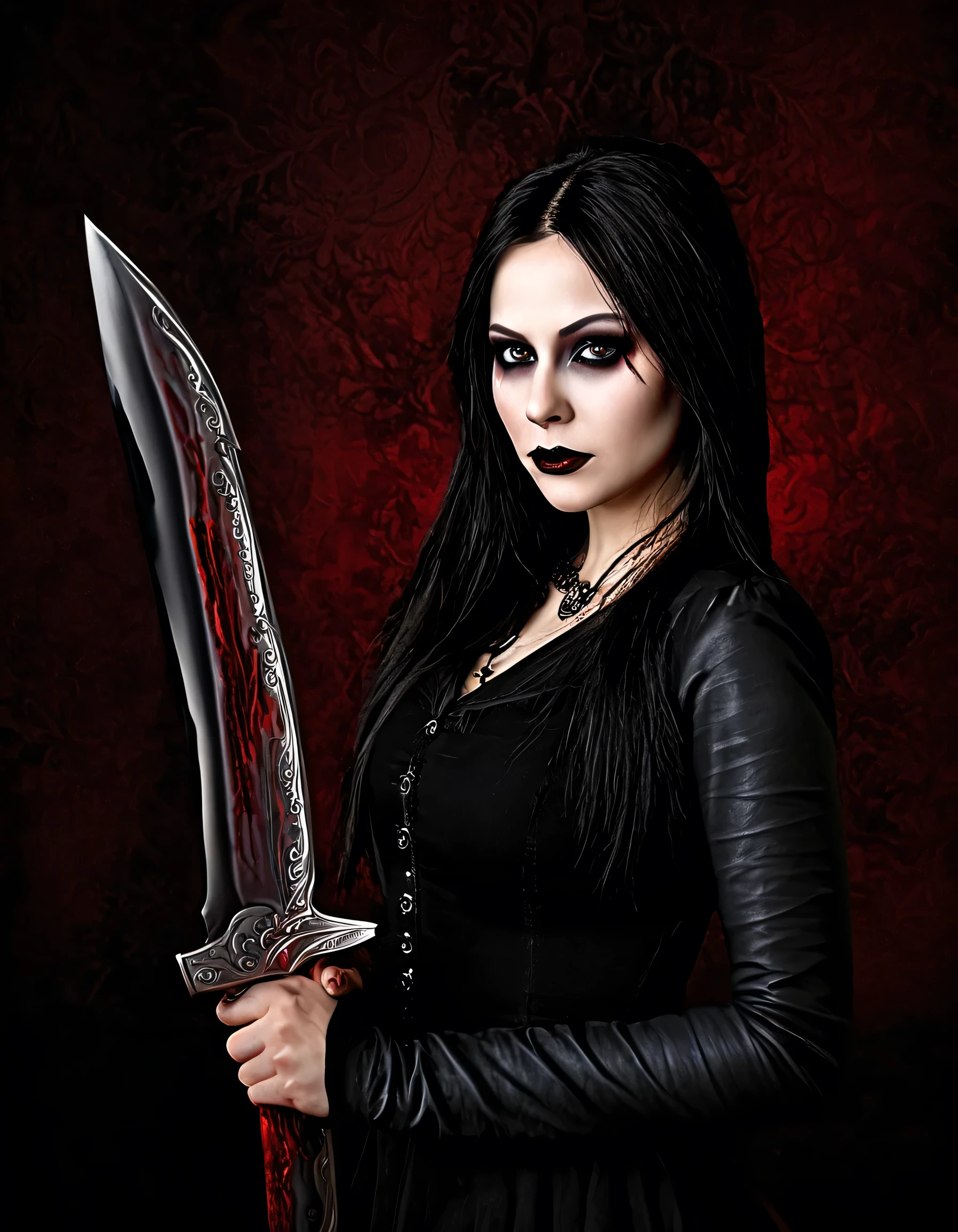 a woman with blood on her face, holding a knife in her hand, vampire girl, dark fantasy horror art, fantasy horror art, horror fantasy art, female vampire, beautiful vampire queen, dark fantasy art, woman vampire, bloody knife, vampires fantasy, female vampire warrior, vampire queen, lori earley, gothic fantasy art, gothic art, dark fantasy style art, best quality, 4k, 8k, highres, masterpiece:1.2, ultra-detailed, realistic, photorealistic, photo-realistic:1.37, HDR, UHD, studio lighting, ultra-fine painting, sharp focus, physically-based rendering, extreme detail description, professional, vivid colors, bokeh