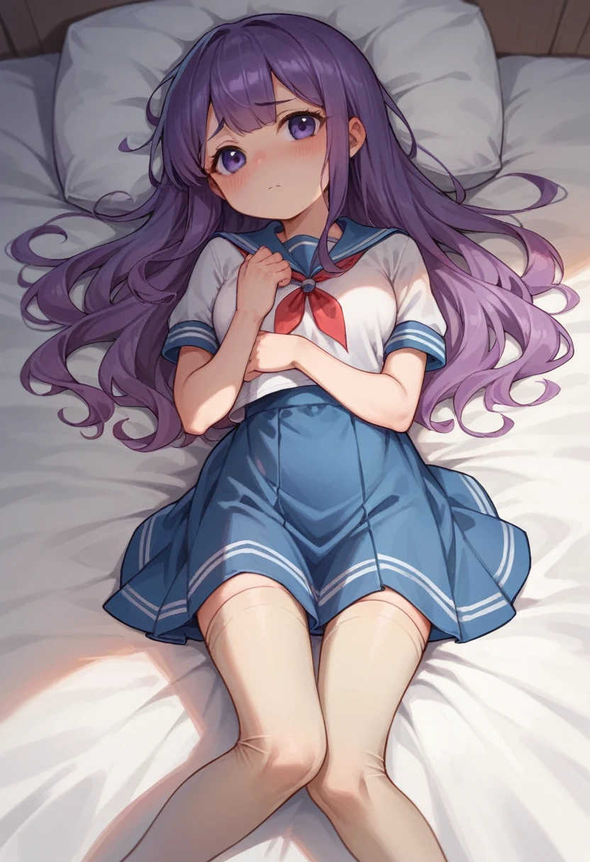 beige leggings,,sailor,dress,cute,lying,,purple hair,long hair,,shy,medium breasts