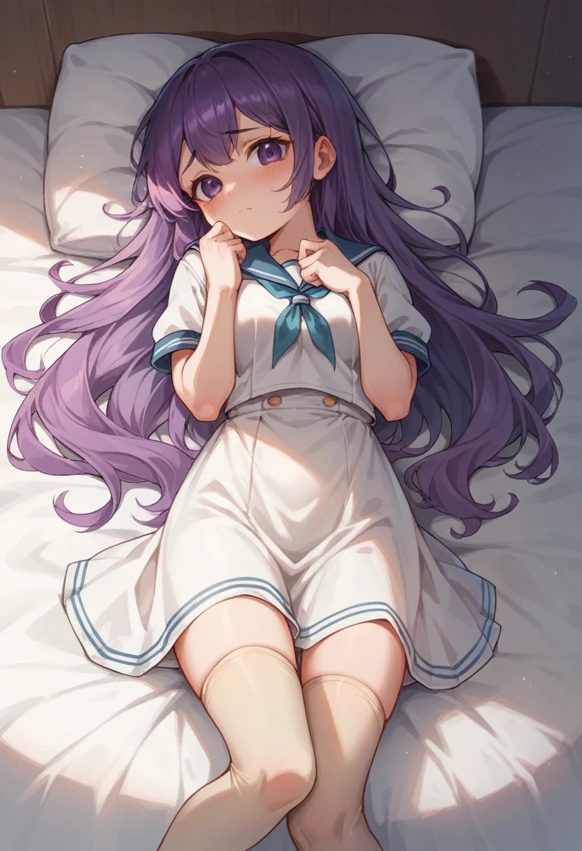 beige leggings,loli,sailor,dress,cute,lying,,purple hair,long hair,,shy,medium breasts