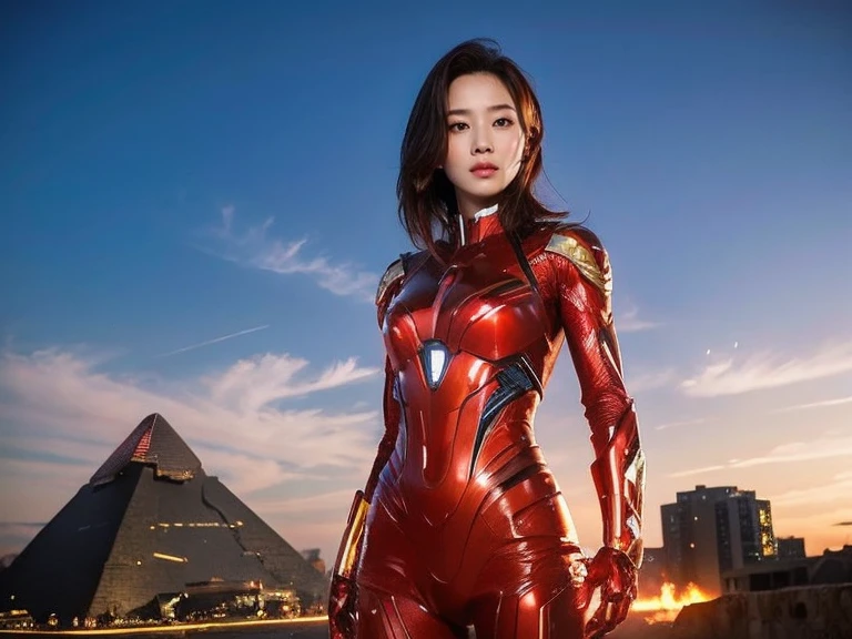 (RAW Photos, Highest quality), (Realistic, Photorealistic:1.3), 1 Girl、Realisticbody、Red and gold battle suit、Pyramid-shaped UFO from outer space、Countless laser beams、Tron、Starship、Mature Woman