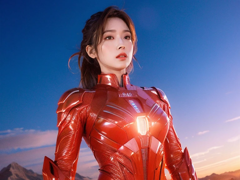 (RAW Photos, Highest quality), (Realistic, Photorealistic:1.3), 1 Girl、Realisticbody、Red and gold battle suit、Pyramid-shaped UFO from outer space、Countless laser beams、Tron、Starship、Mature Woman