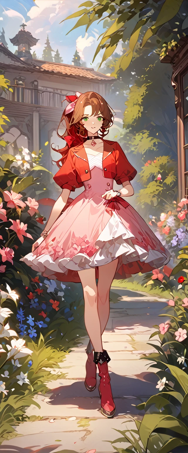 masterpiece, best quality, 8k, 4k, 1girl, aerith gainsborough, brown hair, curled, long hair, green eyes, red hair ribbon, curled long ponytail, red bolero jacket, cropped jacket, bow, choker, long pink dress, pink bow, boots, bangles, walking in a garden, flowers, detailed background,, inspired by Asukaziye artist : ask, art style : ask