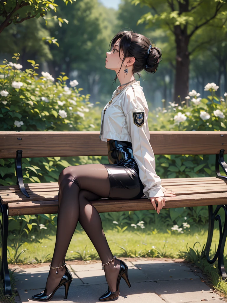 ((Biologically correct limb count))、((Full Body Shot, Full-body photo including face、Head to toe photos))、4K、masterpiece、((Focus on the face))、((Symmetrical facial features))、Eyes of meticulous depiction、One beautiful woman、Excellent style、((Shiny black rubber tights、Shiny rubber skirt、white leather jacket、High heels with anklets))、Detailed Description、Small earrings、necklace、((Profile of a man sitting on a bench in a park early in the morning, looking up))、Close-up photo of the whole body、Panty shot、Focus on the face