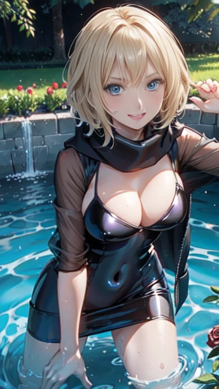 the same,
Depicts only one woman,

Golden Hair,Wet hair texture,water droplets dripping from hair,
(Short Hair.05),Ashime,straight,

((Black Rose))Hair Accessories,Purple Necklace,

Natural skin texture,Big ,Narrow waist,Bring both arms together,
Slightly muscular body,

((((Black one piece dress)))),
Black scarf,
(((Black transparent jacket))),
Golden crown,

Neuschwanstein Castle,Garden of Roses,Are standing,Don&#39;t sit,
11:45 AM,half-immersed in water,

Slightly larger breasts,expression(smile),Hall々and attitude,White teeth,Wide open mouth,Narrow your eyes halfway,
blush,from the front,Sexy pose,Broken posture,

Natural depiction,
Beautiful depiction,
Shiny eyes,
Healthy Body,
Natural hairstyle,
Natural body contours,
Natural facial contours,
(Five fingers)Absolute depiction,Symmetrical fingers,
Two arms,
Two legs,
Sharp eyelid depiction,
Symmetrical eyes,Symmetrical eyes,
Keep the subject in the center,Expand the upper body,
Beautiful image quality,
Delicate shades,
4K,Very detailed,
Delicate light adjustment,
Delicate contour drawing,
Does not depict nipples,