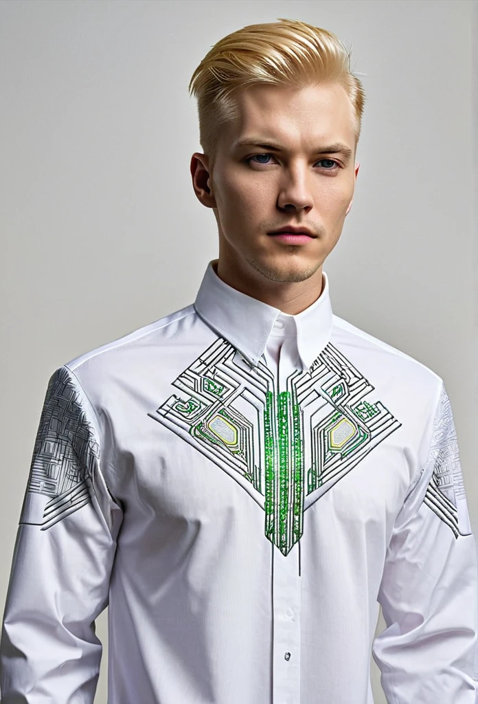 Matrix cyberpunk shirt blond man futuristic embroidery on a men's shirt, cyberpunk cyberpunk patterns are embroidered near the neck, sleeves without patterns, only a computer circuit is embroidered near the neck i