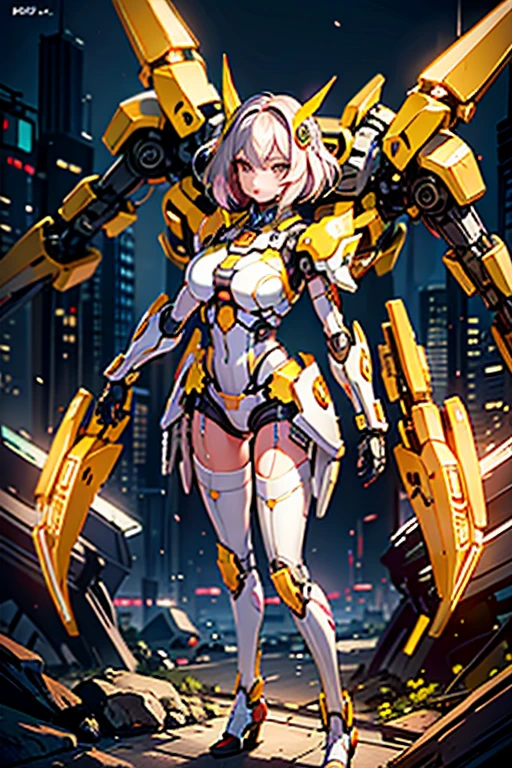 Beautiful, Women, yellow eyes, by white, Skinny body, Pink stockings, mecha, neon sign, LED night city, seen from above, high quality, realist, beautiful light