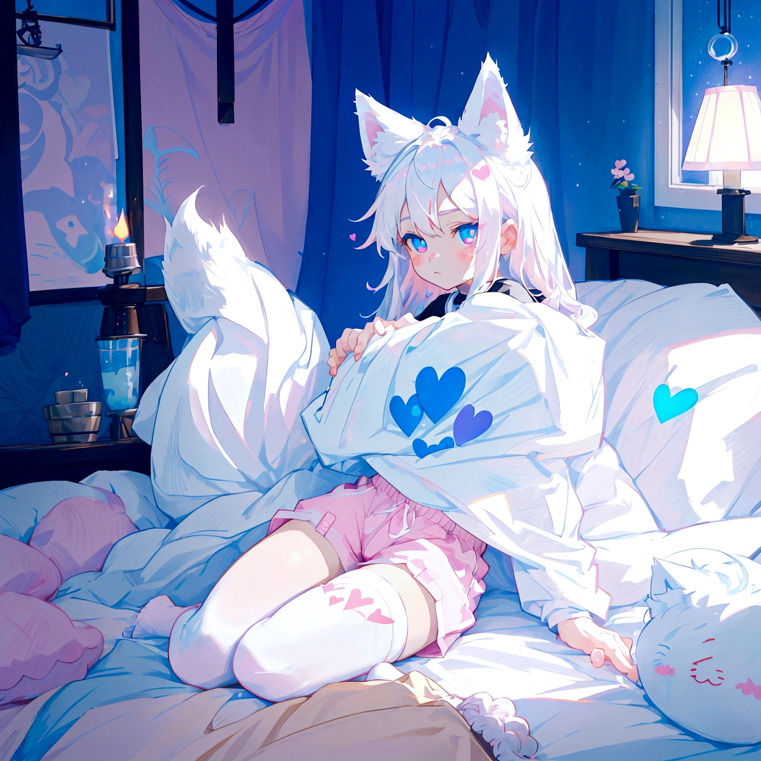 a cute adult male with wolf ears long white hair and a fluffy wolf tail, wearing pink micro shorts and a tight t-shirt with a heart logo on it, has glowing blue eyes, has very squishy thighs, wearing white thigh high socks, kawaii, on bed relaxing surrounded by plushies, solo, alone, (SOLO)(ALONE)