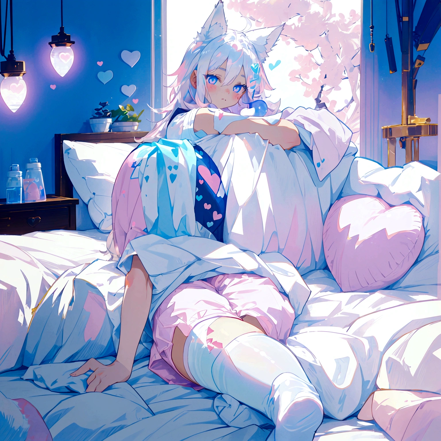 a cute adult male with wolf ears long white hair and a fluffy wolf tail, wearing pink micro shorts and a tight t-shirt with a heart logo on it, has glowing blue eyes, has very squishy thighs, wearing white thigh high socks, kawaii, on bed relaxing surrounded by plushies, solo, alone, (SOLO)(ALONE)