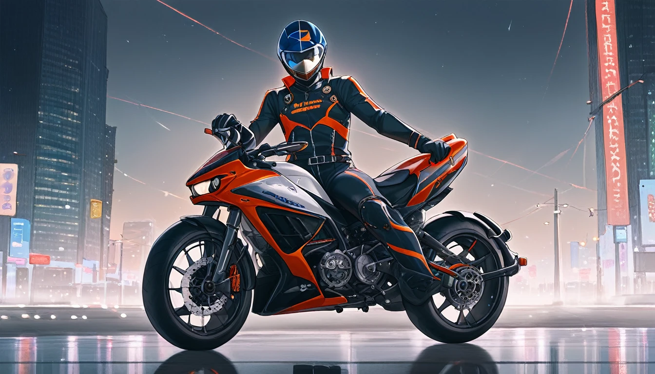 score_9, score_8_up, score_7_up, source_anime, detailed, rating safe, front view, very wide shot, a Motorcycle runs in night city, a rider is middle aged man wearing ridersuit, masterpiece, best quality, 8k,