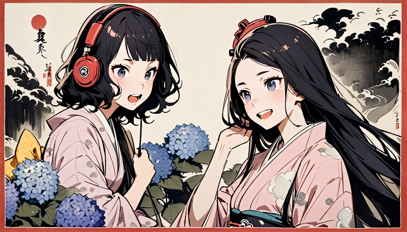 Highest quality, Katsushika Hokusai, Ink Painting, (((very straight longhair))), (((hydrangea))), (((Pale pink yukata))), headphone, beautiful girl, Black Hair, Delicate and precise, Modern ukiyo-e style, Laughs and Tears