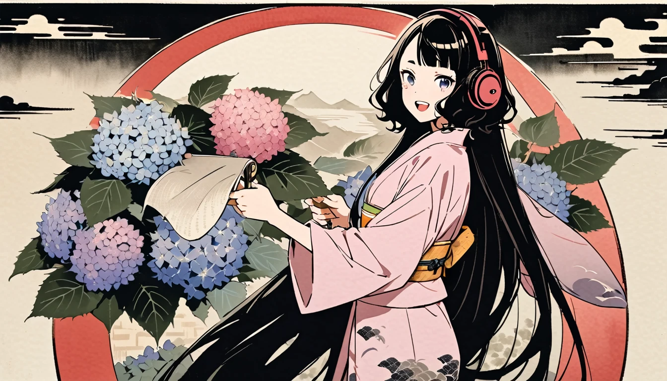 Highest quality, Katsushika Hokusai, Ink Painting, (((very straight longhair))), (((hydrangea))), (((Pale pink yukata))), headphone, beautiful girl, Black Hair, Delicate and precise, Modern ukiyo-e style, Laughs and Tears