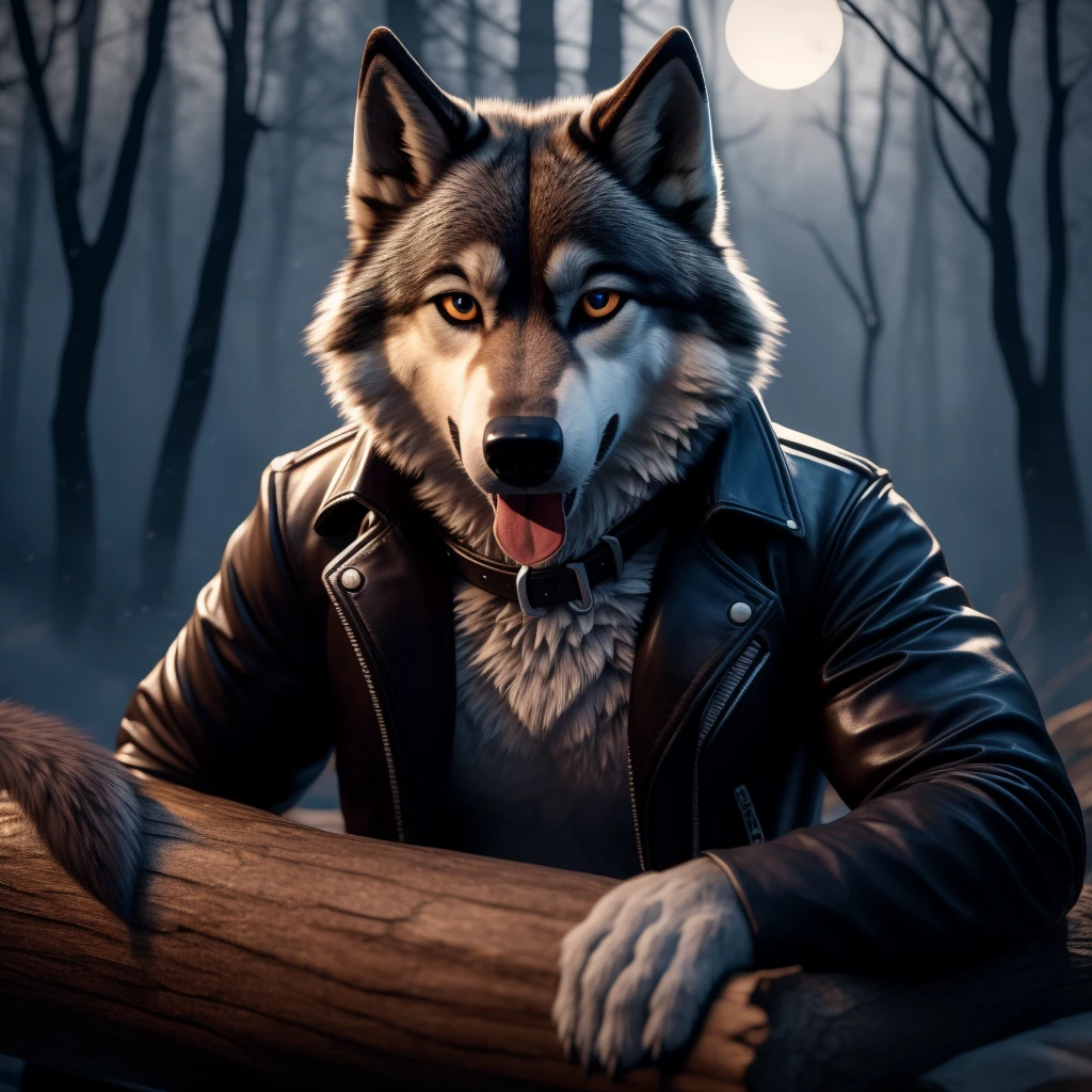 Sexy Posing, lying on log, Male, 30 years old, cute, eye liner, bedroom eye, mouth open with tongue hanging out, black leather jacket, anthro, wolf ears, (black fur:1.5), wolf, forest background, 8k, hi res, (best quality, masterpiece), (wolf tail:1.5), detailed fur, solo, looking at camera, night, leashing and collar,